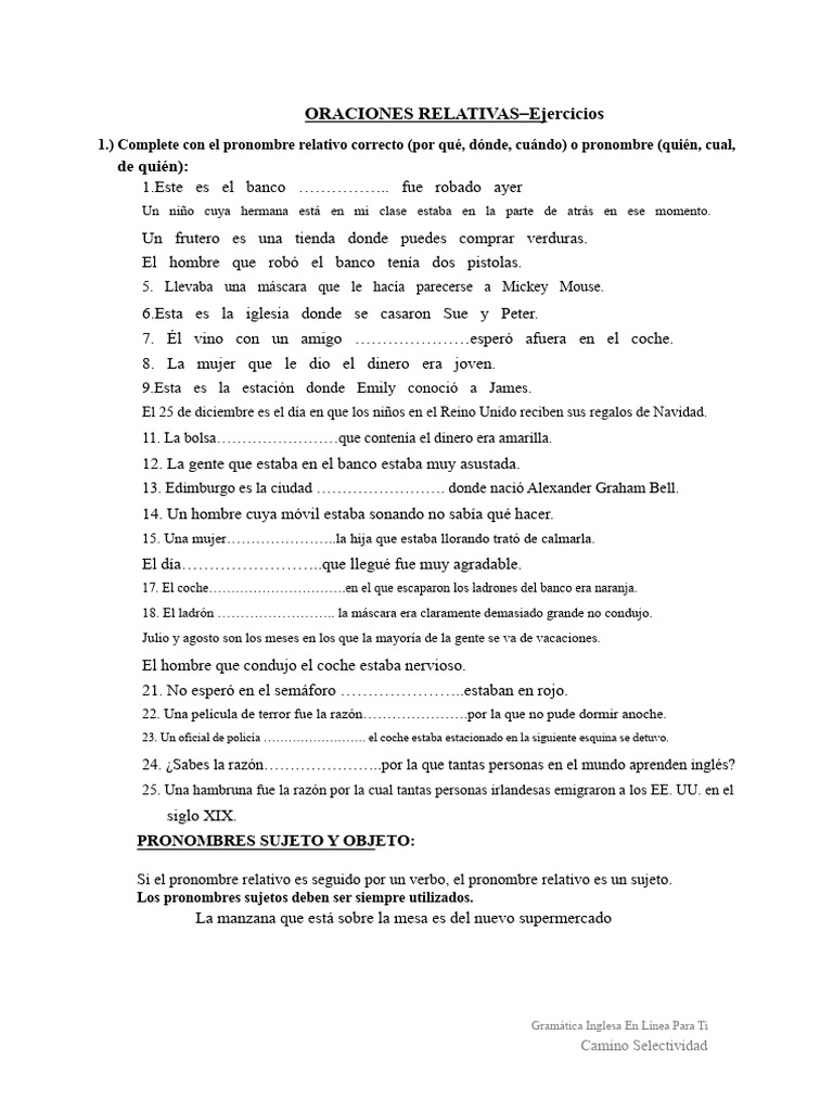 Ejercicios de Oraciones Relativas en Español | PDF | Asunto (gramática ...