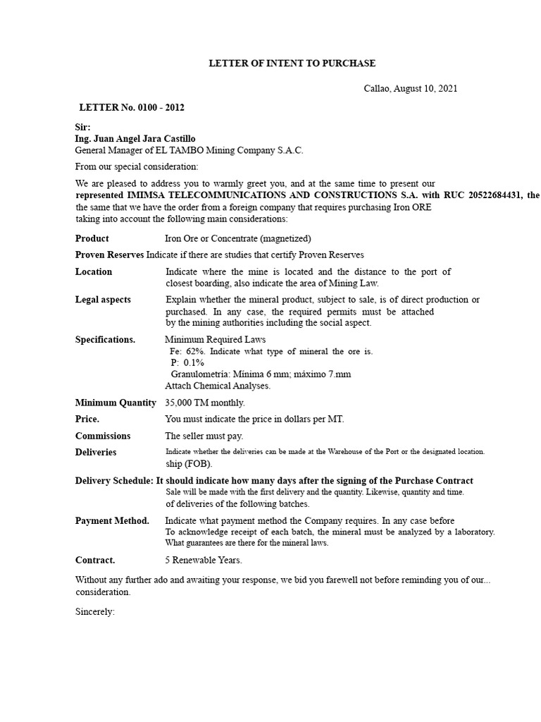 Letter of Intent for Iron Ore Purchase | PDF | Minerals | Mining