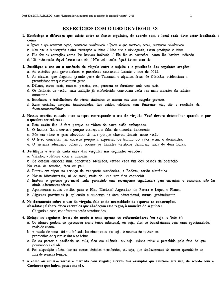 Exercícios Práticos de Uso de Vírgulas | PDF | Assunto (gramática)