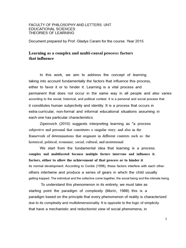 2 - Learning As A Complex and Multicausal Process. Factors | PDF ...