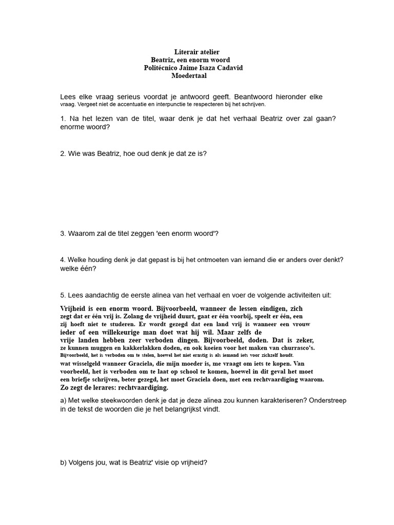 Literaire Workshop Beatriz, Een Enorm Woord | PDF