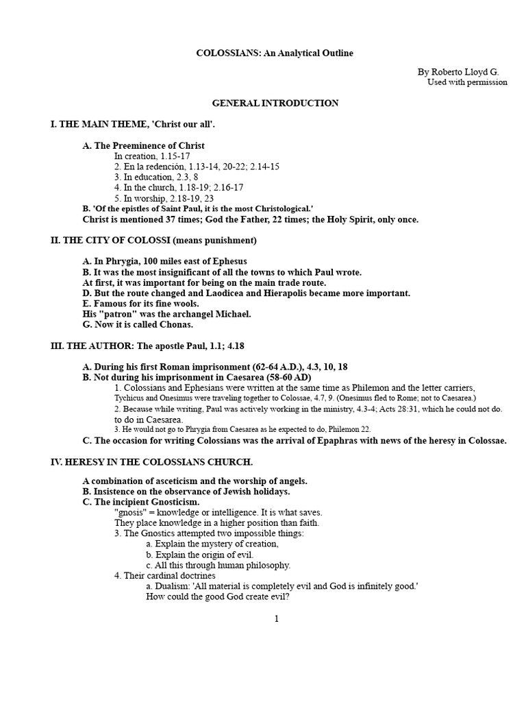 Colossians Analytical Outline: Christ's Preeminence | PDF | Epistle To ...