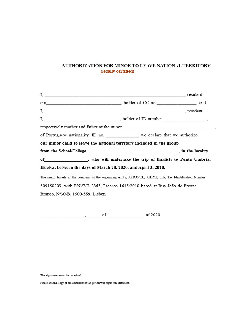 Authorization For The Exit of Minors From National Territory-Fv20 | PDF ...