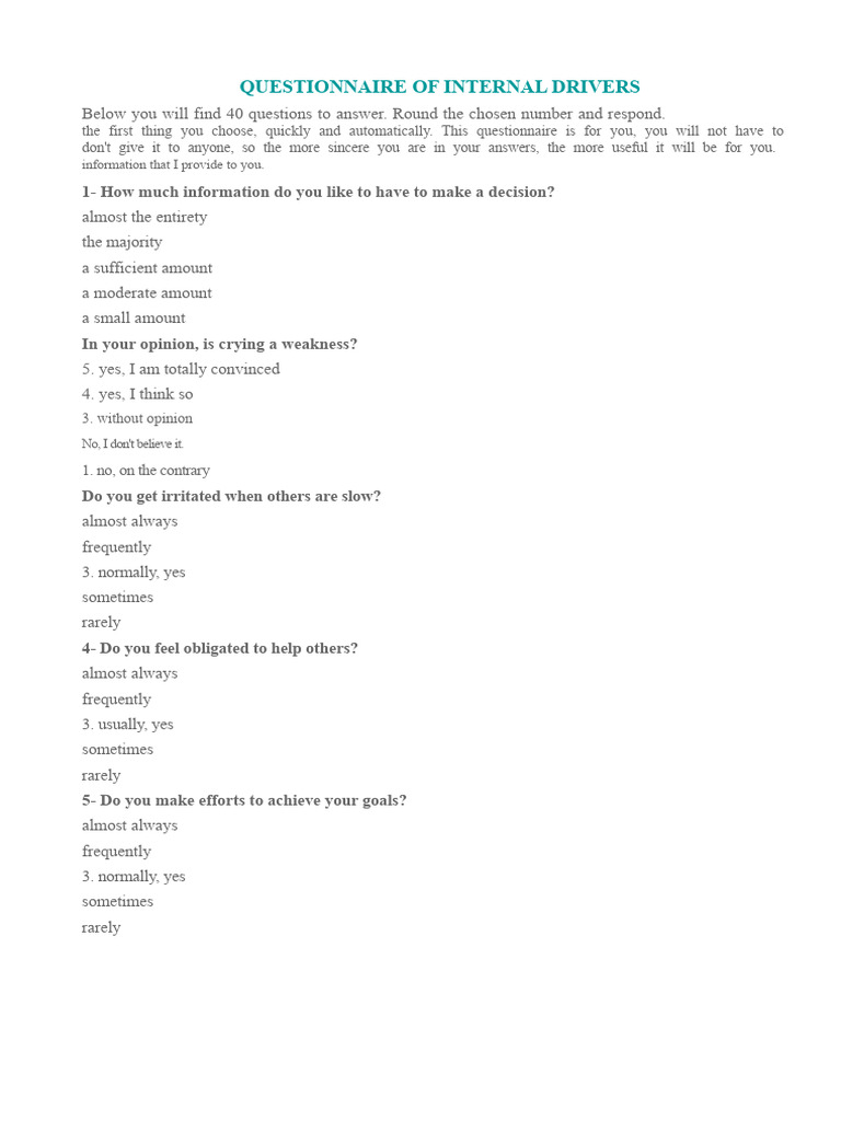 Internal Drivers Questionnaire | PDF | Questionnaire | Psychological ...