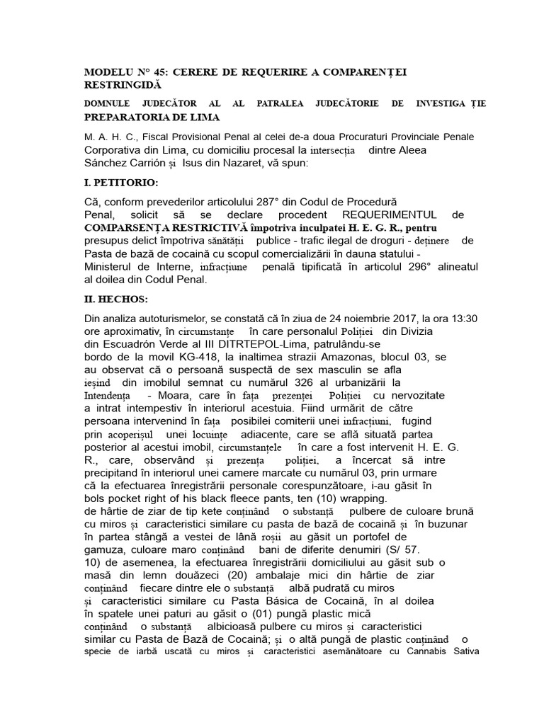 Model de Cerere Pentru Solicitarea Comparenței Restricționate | PDF