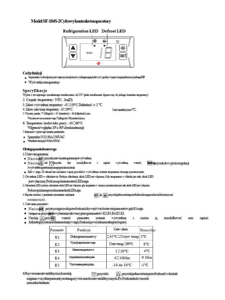 Model: SF-104S-2 Cyfrowy Kontroler Temperatury: Cechy Funkcji | PDF