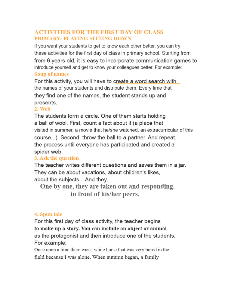 Activities For The First Day of Class in Primary School | PDF