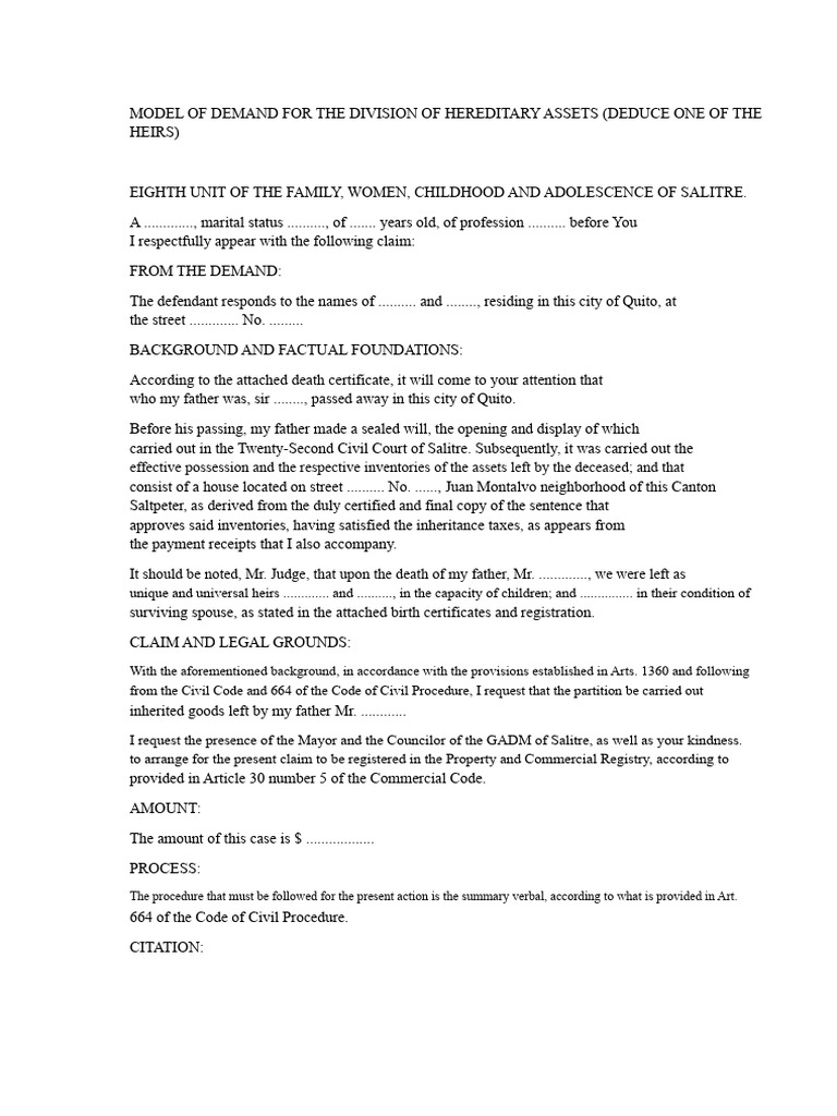 Hereditary Asset Division Demand Form | PDF | Common Law | Justice