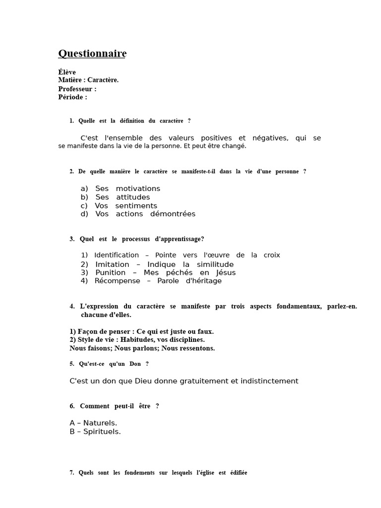 Questionnaire sur le caractère et la foi | PDF | Dieu | Jésus