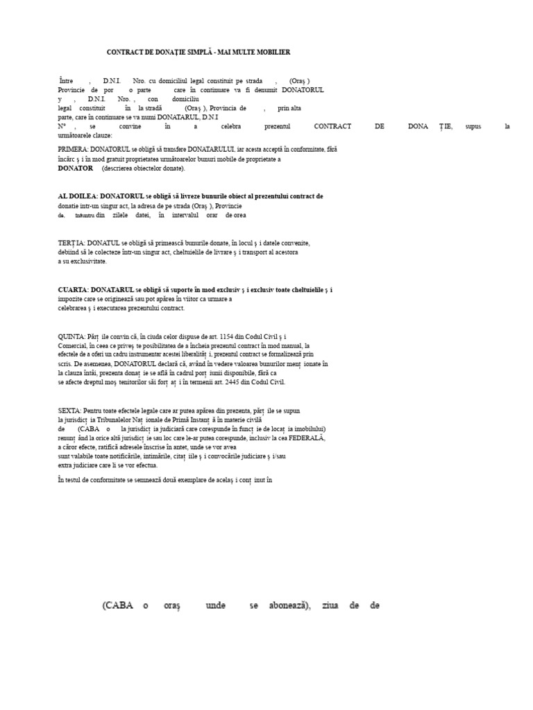 Model Orientativ Contract de Donație Simplă - Diverse Bunuri | PDF