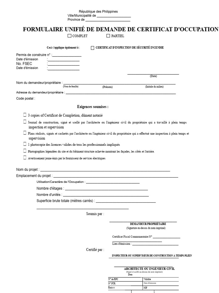 Demande de Certificat d'Occupation Philippines | PDF