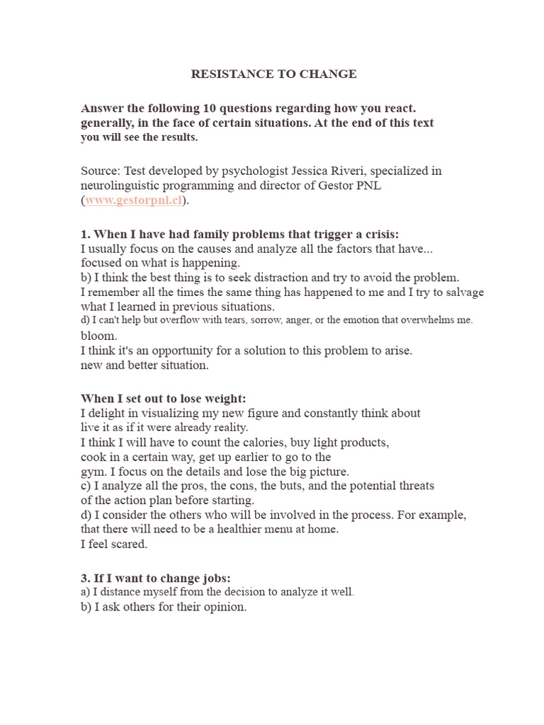 Resistance to Change Assessment Test | PDF | Psychological Concepts ...