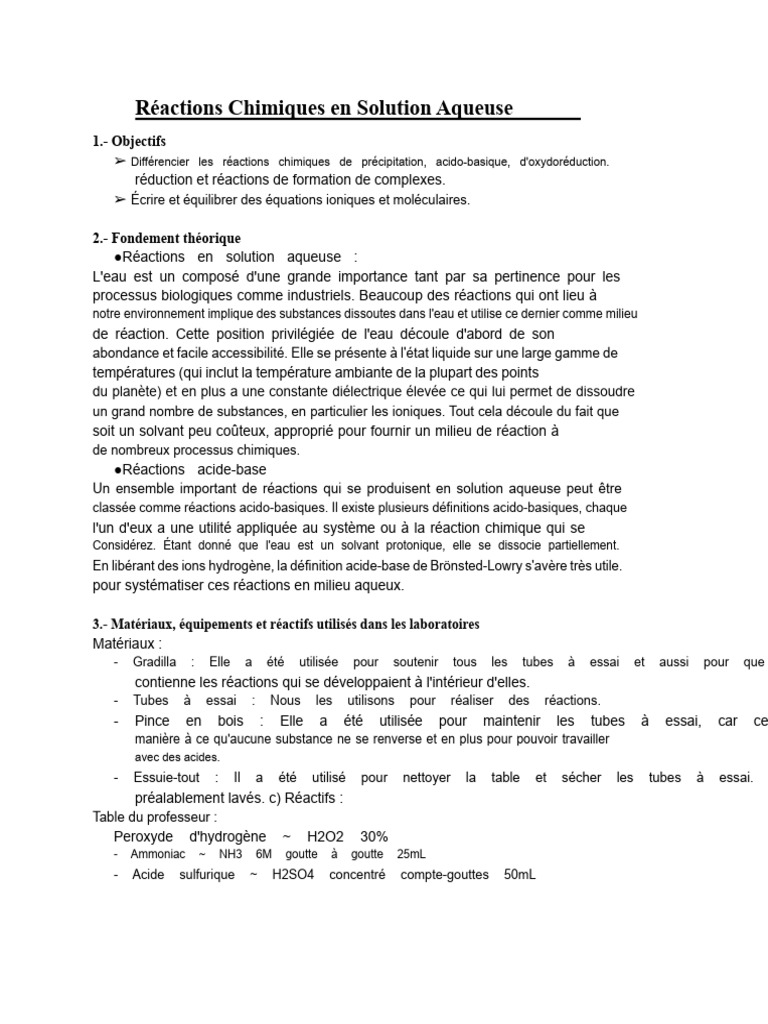 Réactions Chimiques en Solution Aqueuse | PDF | Réaction d ...