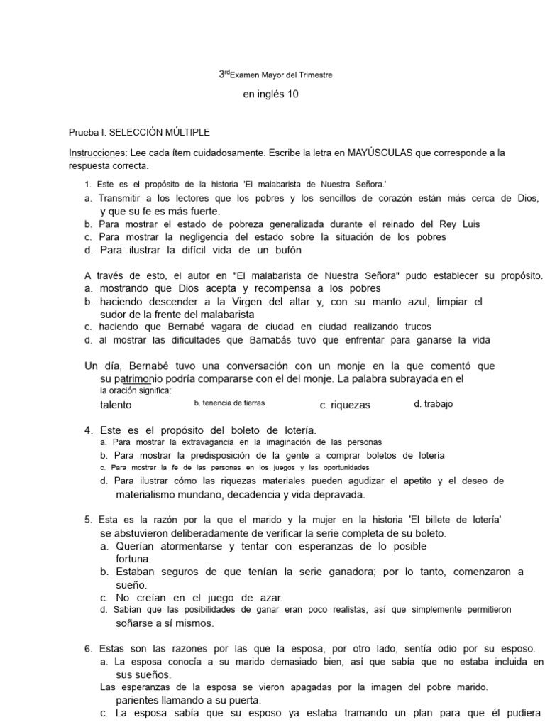 Examen Mayor Del Tercer Trimestre en Inglés 10 | PDF | Alimentos | Toxina