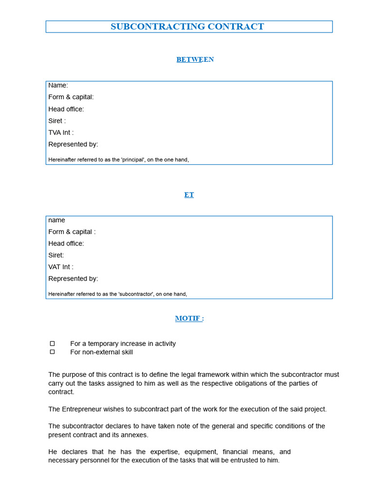 Subcontracting Agreement Template | PDF | Subcontractor | Business