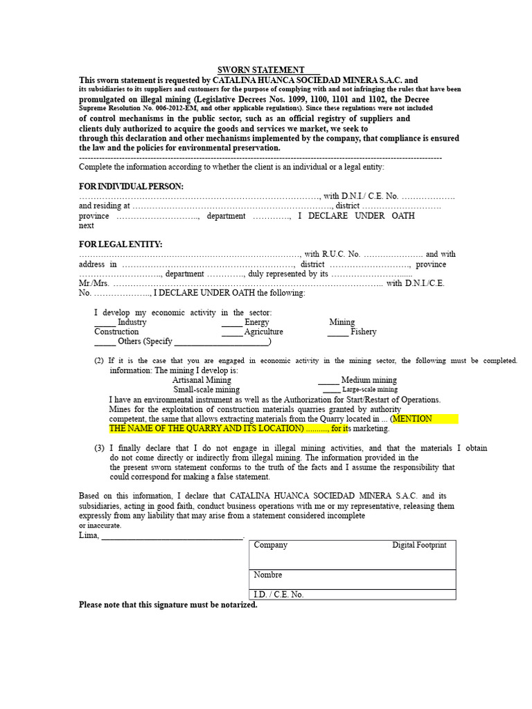 Sworn Statement for Mining Compliance | PDF | Mining | Regulatory ...