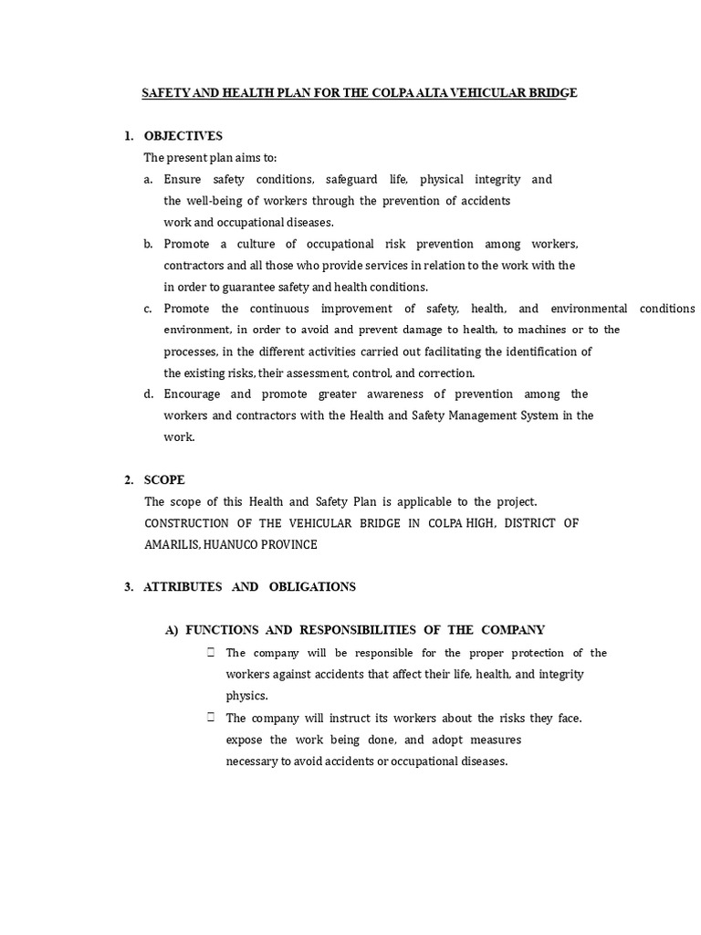 Safety and Health Plan For The Vehicular Bridge of Colpa Alta | PDF ...