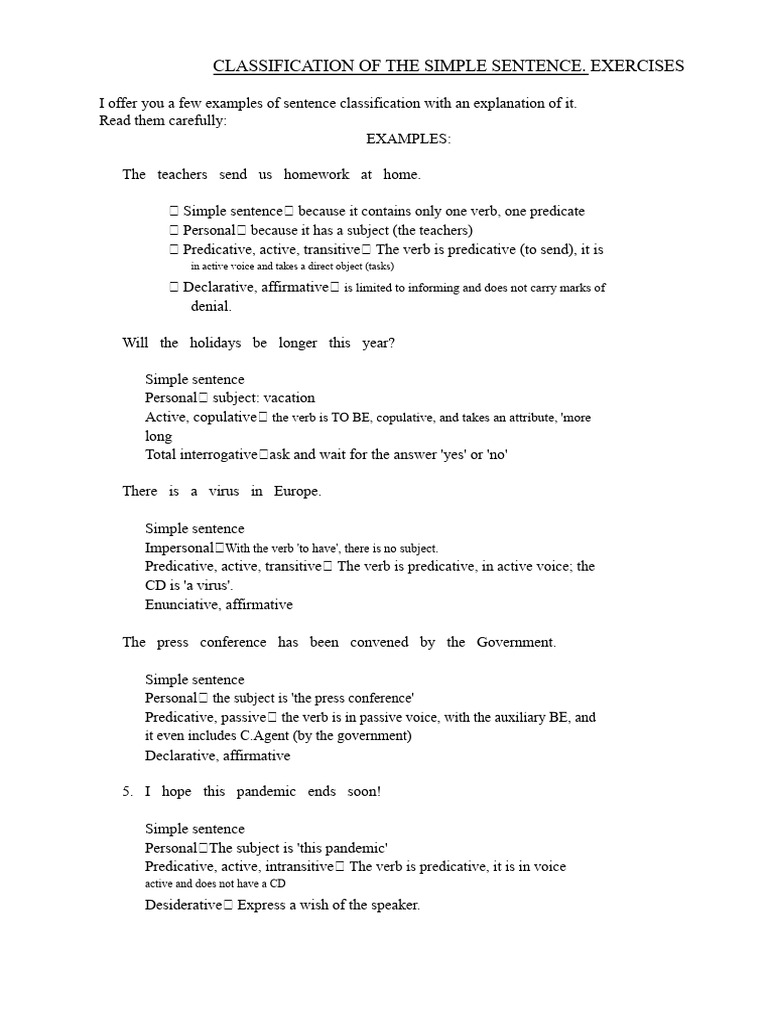 Simple Sentence Classification Guide | PDF | Verb | Subject (Grammar)