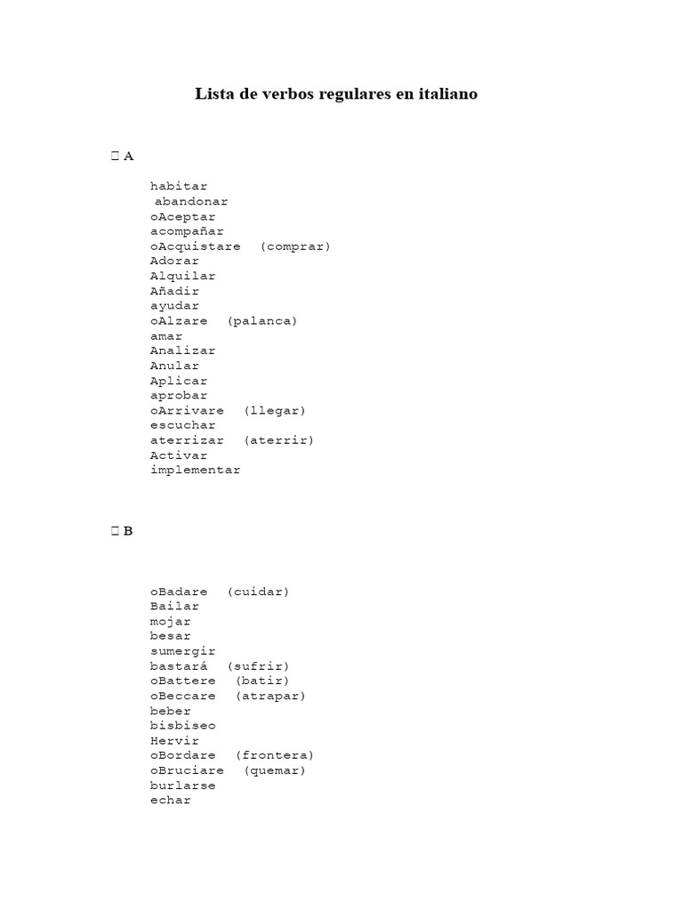 Lista de verbos regulares en italiano | PDF