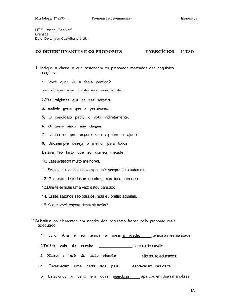 Exercícios de Pronomes e Determinantes 1º ESO | PDF | Pronome ...