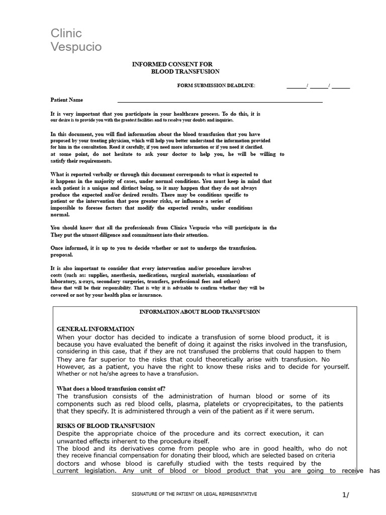 Blood Transfusion Informed Consent Form | PDF | Blood Transfusion | Blood