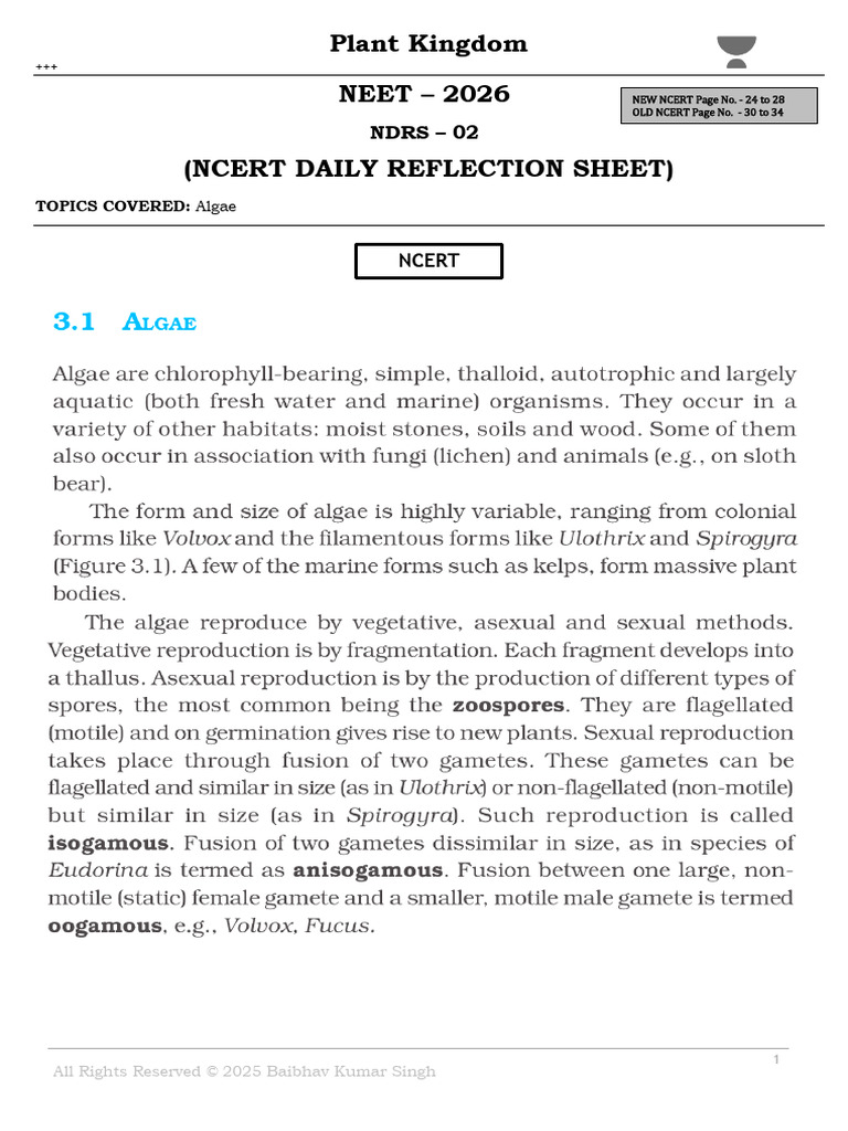 NEET 2026: Algae Study Guide | PDF | Algae | Reproduction