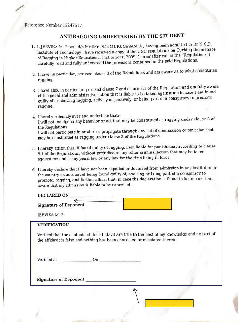 Anti Ragging Affidavit Sample | PDF