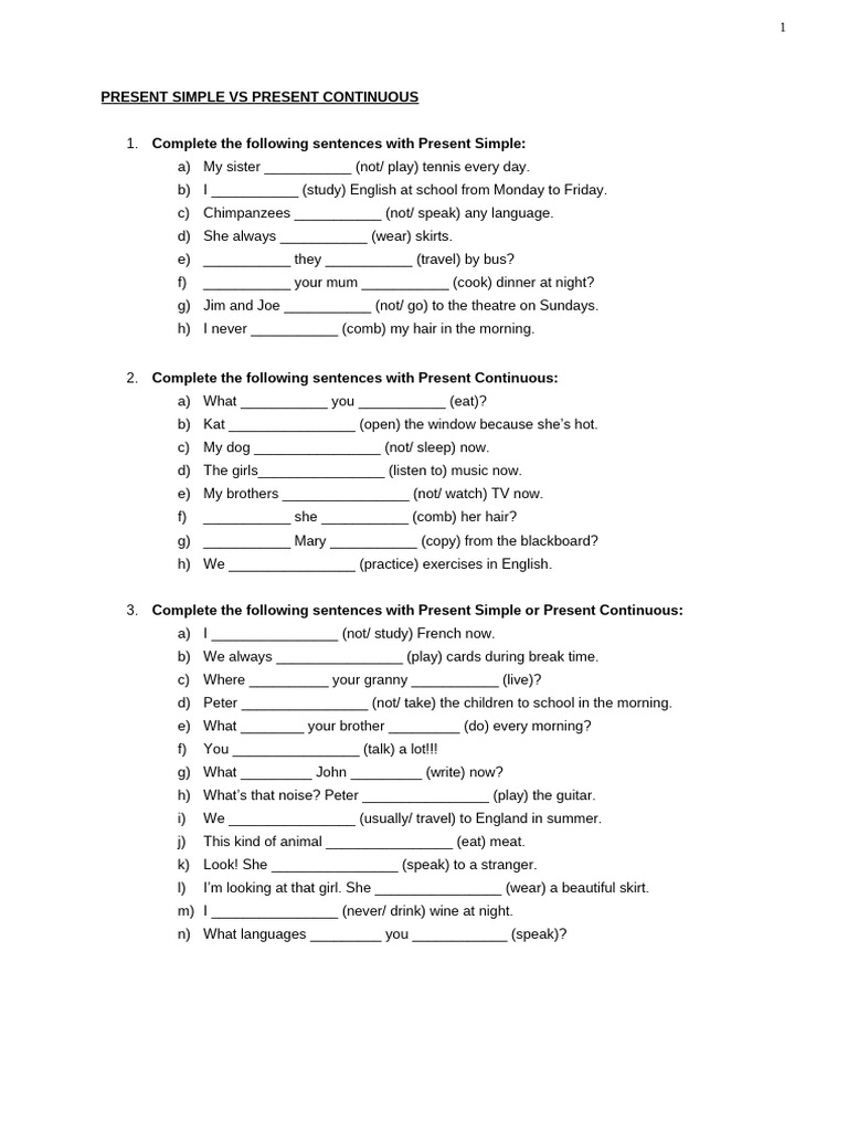 Present Simple vs Continuous Exercises | PDF