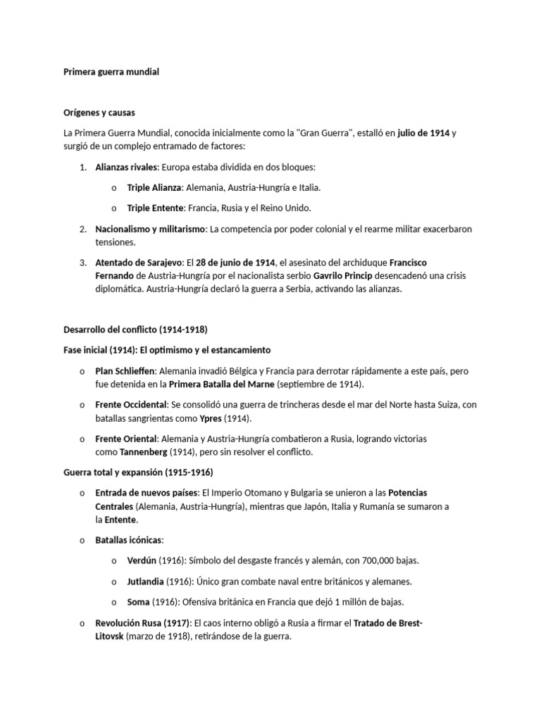 Causas y Consecuencias de la Primera Guerra Mundial | PDF | Primera ...