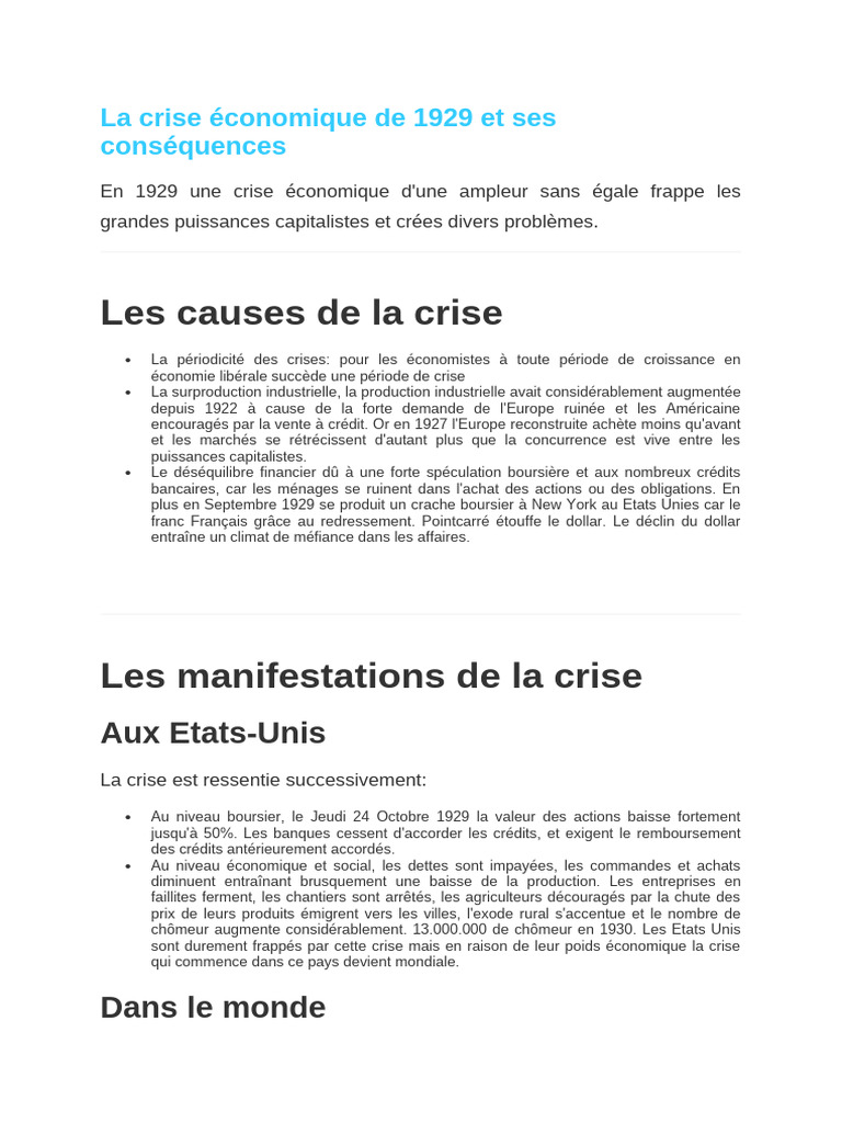 Crise économique de 1929 : causes et impacts | PDF | Crise financière ...