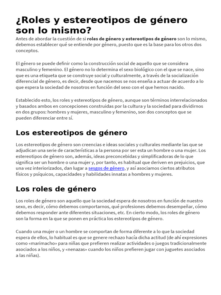 Diferencias entre rol y estereotipo de género | PDF | Género | Estudios ...