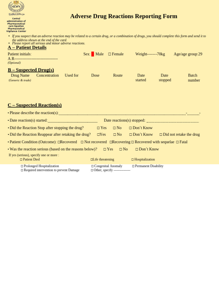 Adverse Drug Reactions Reporting Form | PDF | Drugs | Pharmaceutical ...