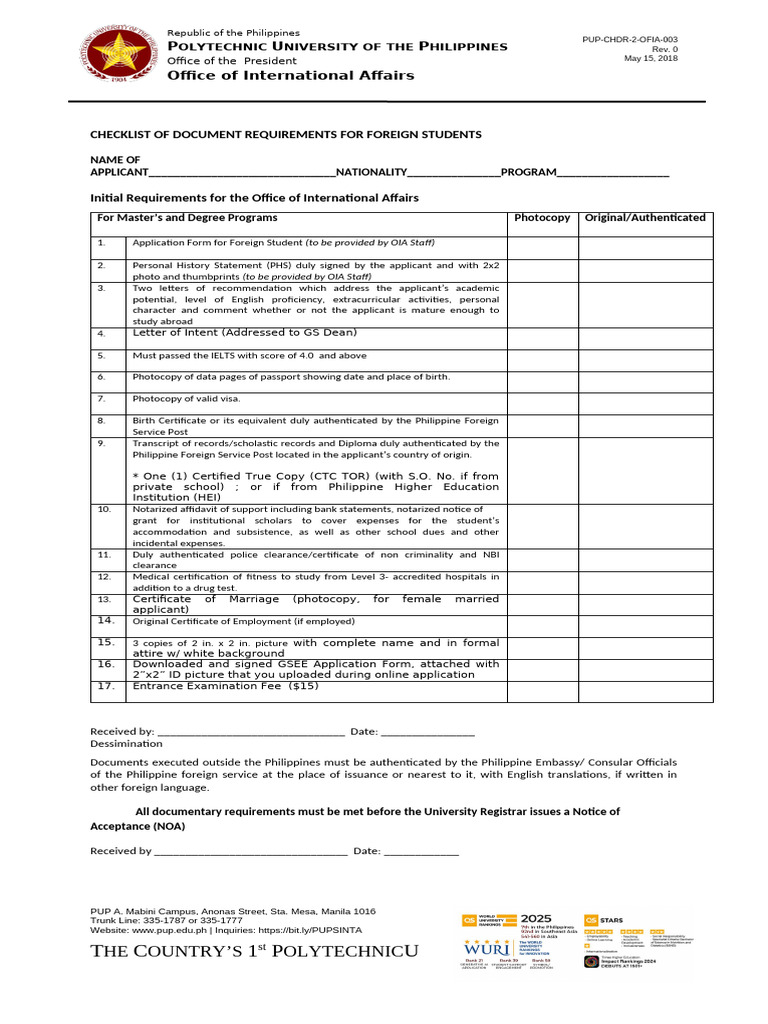Foreign Student Document Checklist PUP | PDF | Notary Public