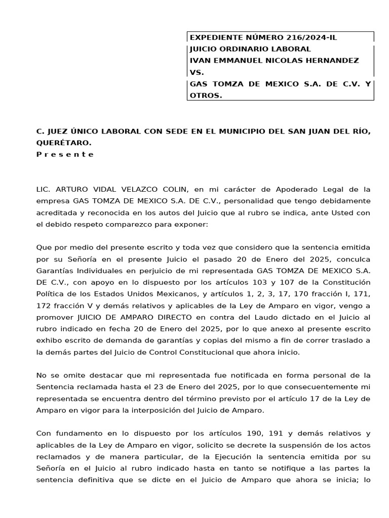Amparo Directo contra Laudo Laboral 2025 | PDF | Caso de ley ...