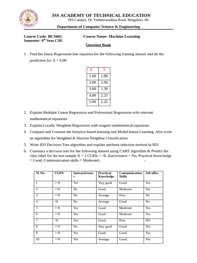 Machine Learning Question Bank for CSE | PDF | Machine Learning ...