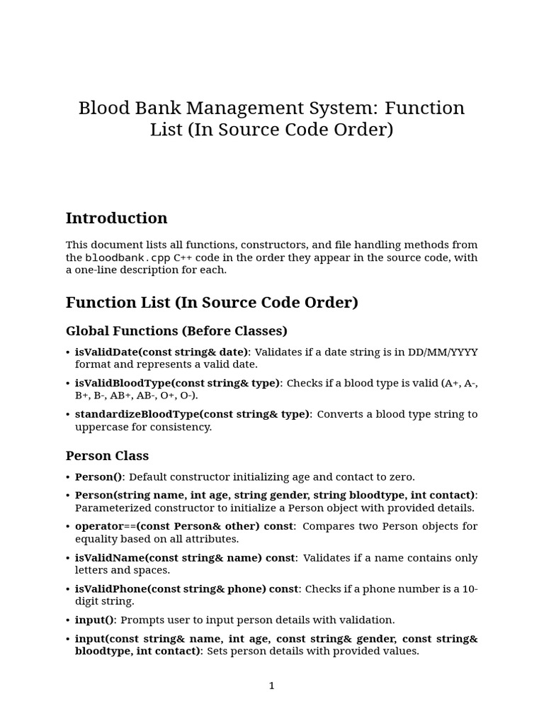 Blood Bank Management System: Function List (In Source Code Order ...
