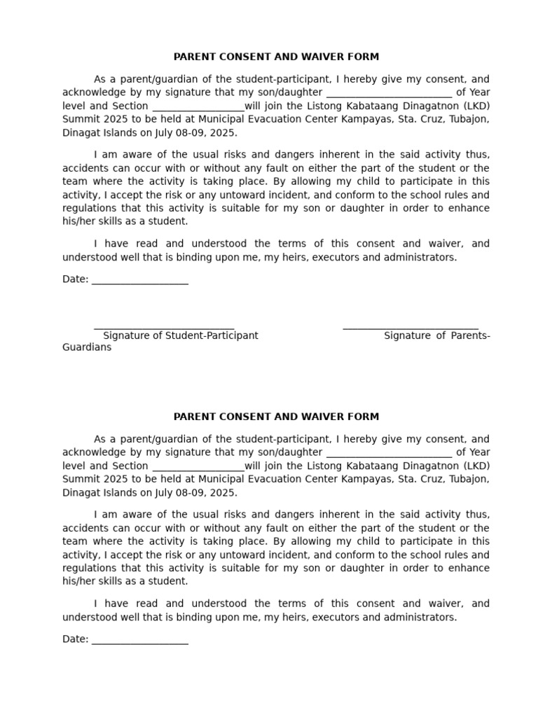 Parent Consent and Waiver Form | PDF | Consent
