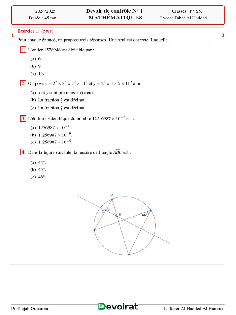 Devoir de Contrôle N°1 - Math - 1ère AS (2024-2025) MR Nejah Oussama ...