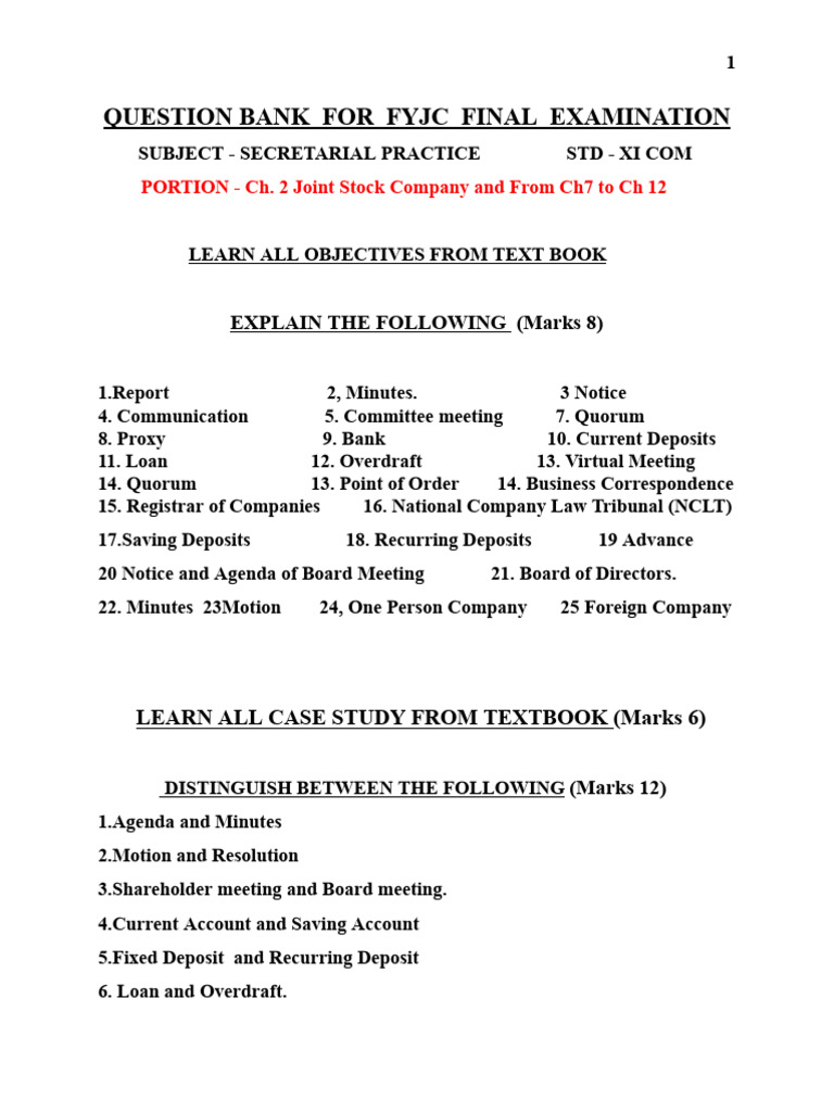 FYJC Secretarial Practice Exam Guide | PDF | Board Of Directors | Business