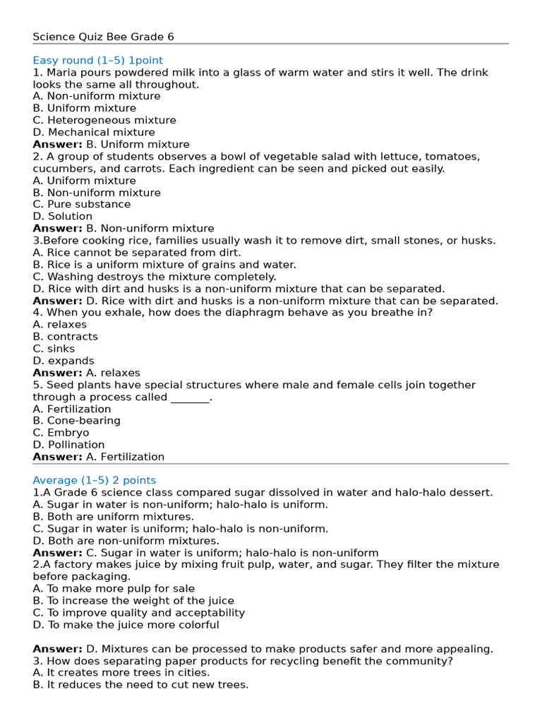 Science Quiz Bee Grade 6 | PDF | Mixture | Atrium (Heart)