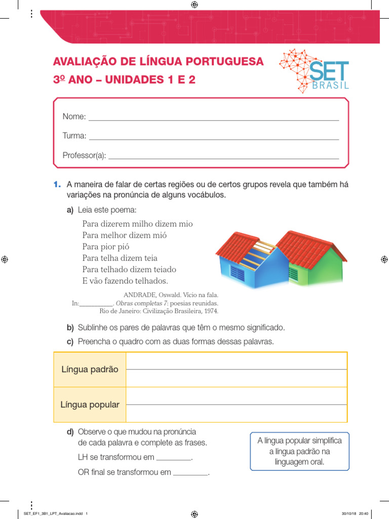 Avaliação de Língua Portuguesa 3º Ano | PDF