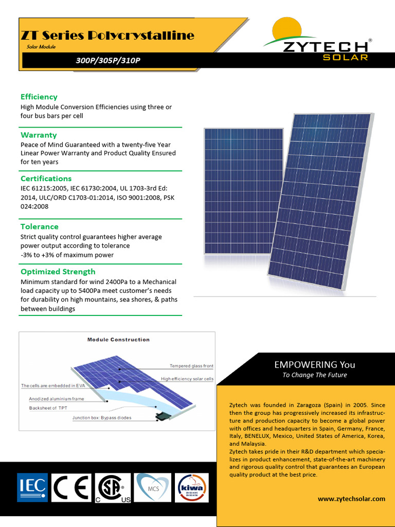 Zytech ZT Series Polycrystalline Modules | PDF | Solar Panel ...