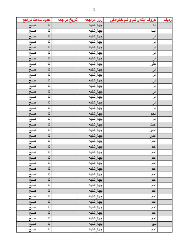 جدول زمان بندی پردیس شهید باهنر | PDF