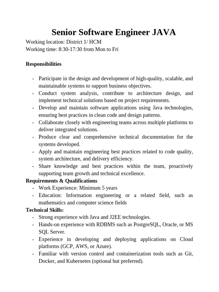 Senior Java Engineer Position in HCM | PDF | Java (Programming Language ...