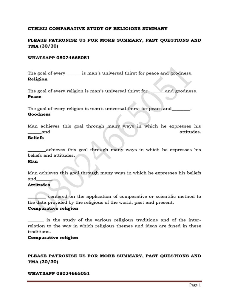Cth202 Crs202 Comparative Study of Religions Summary 08024665051 | PDF ...