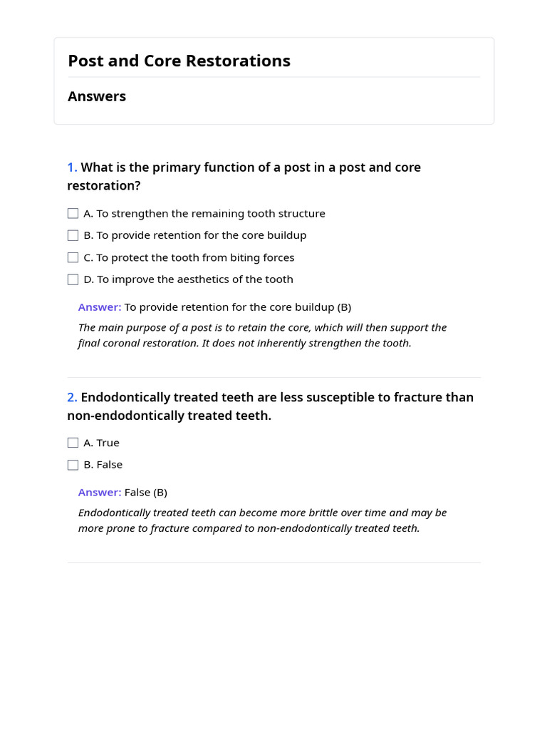 Post and Core Restorations Answers | PDF | Dental Anatomy | Tooth