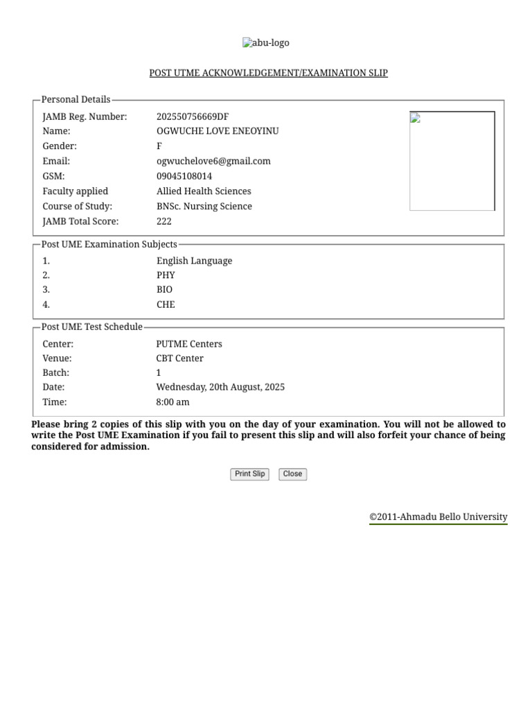 ABU Post UTME Acknowledgement Slip | PDF