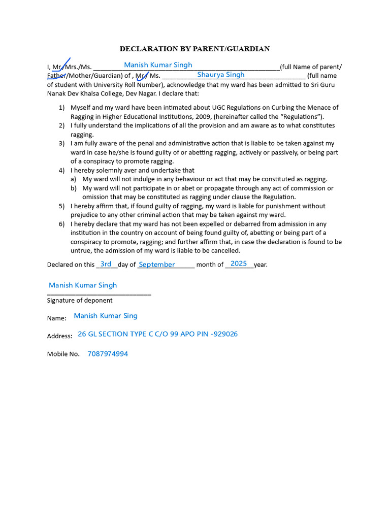 Parent Declaration Against Ragging | PDF