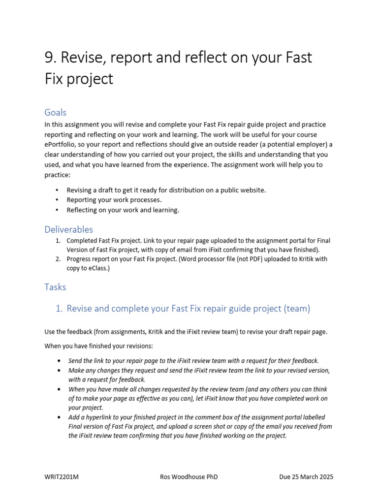 Assignment 9 Instructions Finish and Reflect On Your Fast Fix Project ...