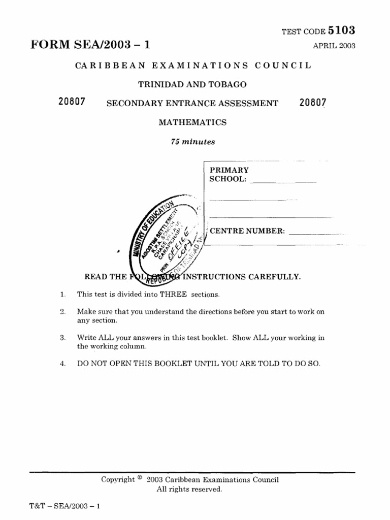 SEA 2003 Mathematics Test Paper | PDF | Area | Elementary Mathematics